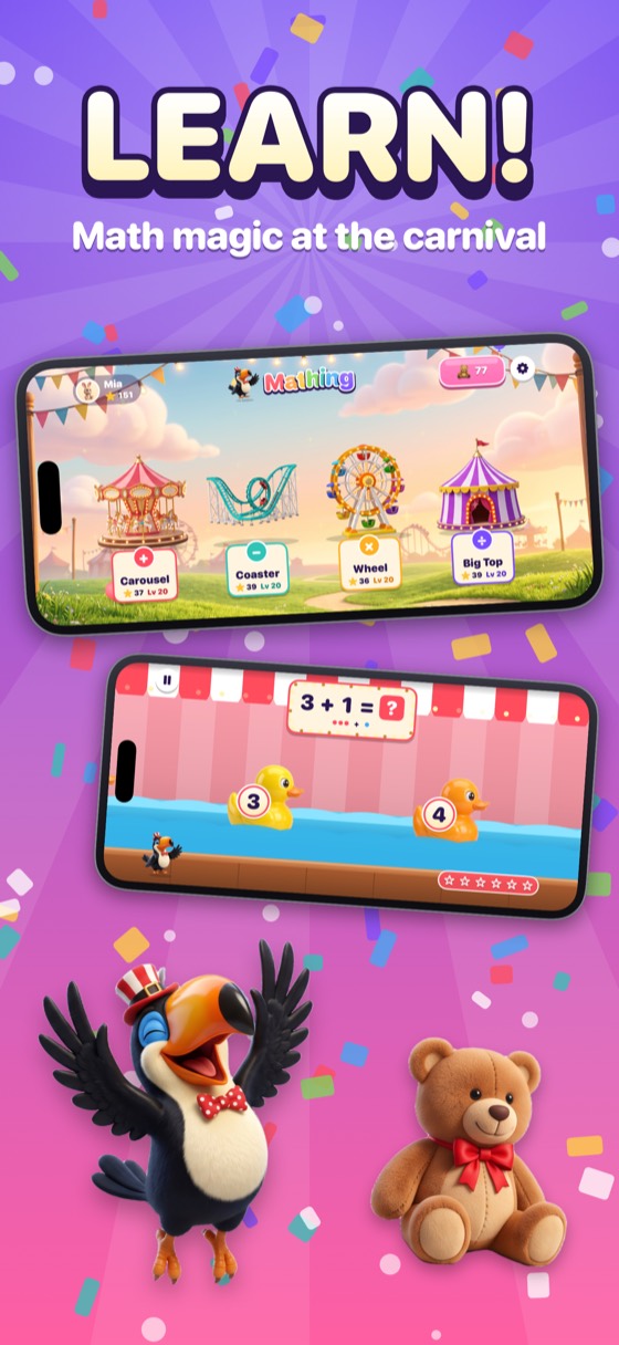 Mathing App Store screenshot. Learn: math magic at the carnival, with the park map and the Duck Pond booth