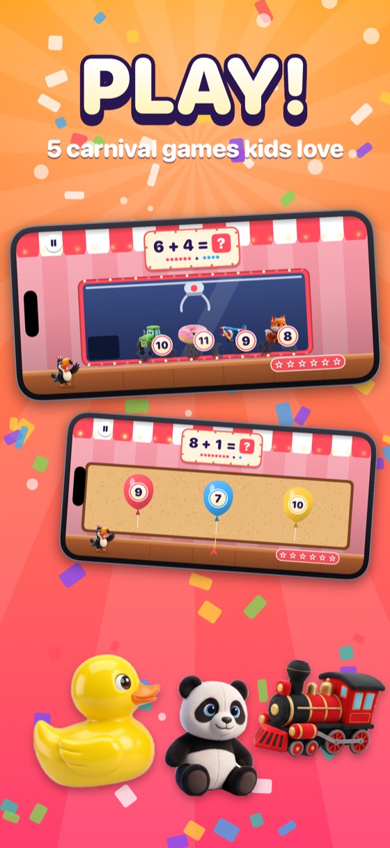 Mathing App Store screenshot. Play: carnival booth games for every operation