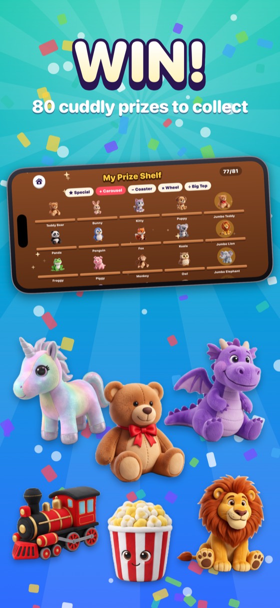 Mathing App Store screenshot. Win: plush prizes for every level