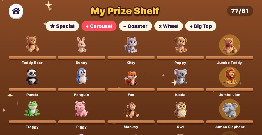 My Prize Shelf in Mathing: wooden shelves full of plush prizes like a teddy bear, bunny, kitty, panda and a jumbo lion